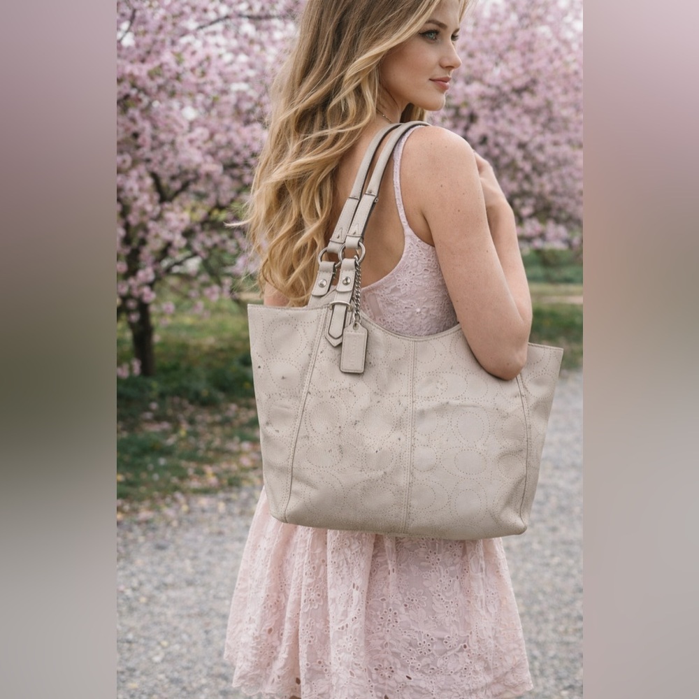 Coach Carly Perforated Leather Tote F16598 Light Taupe Large Shoulder Bag